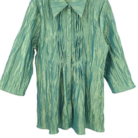 Noelle Crinkle Pleat Tunic Top Jacket Iridescent Green Size 16/18 Button Front - Picture 3 of 13